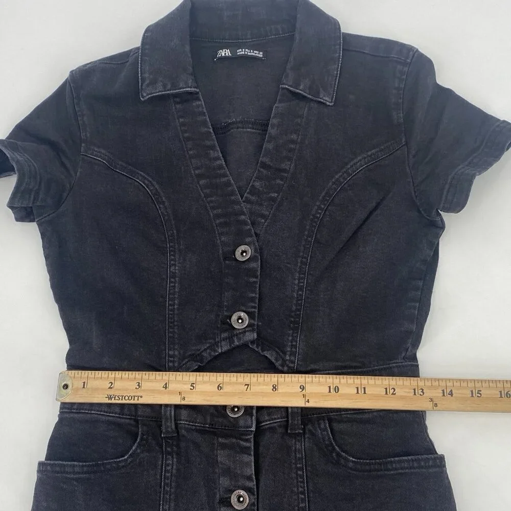 Zara Size Small Black Denim Dress Button Up Short Sleeve Cutout Y2K Grunge
